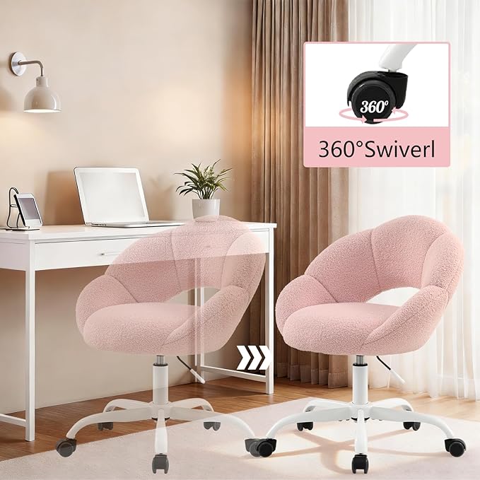 Vanity Chair Petal-Shaped Criss Cross Chair with WheelsUpholstered Tall Office Chair with Back for Girls WomenMid-Back Swivel Accent Chairs for Living Room Bedroom (Pink)