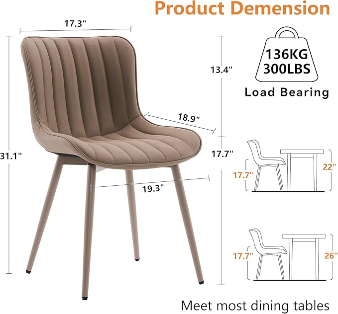 YOUNUOKE Mid-Century Modern Dining Chairs Set of 2 Khaki PU Leather Upholstered Kitchen Chairs with Khaki Metal Legs Armless Accent Chair for Dining Room Guest Reception Room