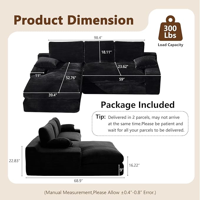 98.4 Black Sectional Sofa Cloud Modular Sectional Couch with ChaiseCorduroy Sectional Couches L-Shaped Modern Upholstered Sofa with Deep Seat for Living Room and BedroomNo Assembly Required(Black)