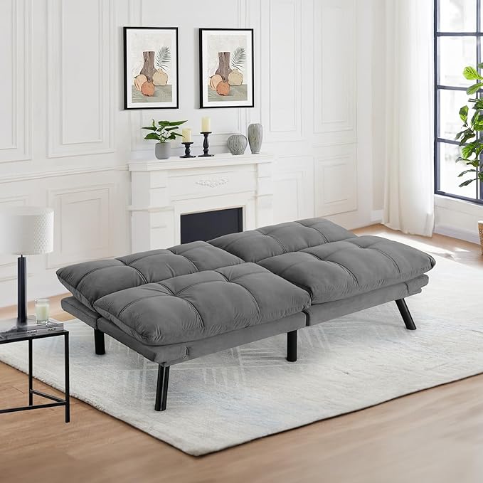 Convertible Velvet Futon Sofa Bed Comfy 72 L Sleeper Couch with Thicker Cushion Upholstered Modern Reclining Loveseat Folding Sofa for Small Living Room Dorm Apartment Office Light Gray