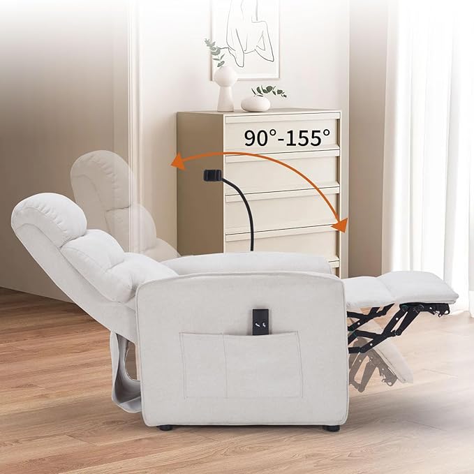 Power Recliner Chair with Remote Control Electric Reclining from 90°–155° Oversized Linen Fabric Recliner for Living Room Wide Seat Comfort for Reading Gaming &amp TV Watching(Beige)
