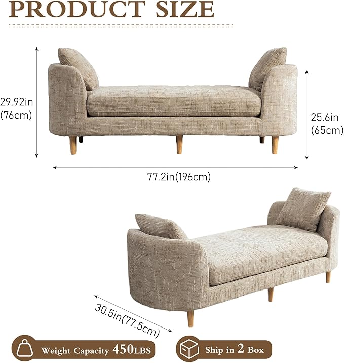 Chifee &amp Vingol 77.2 W Chaise Lounge Indoor Upholstered King Size End of Bed Bench with Arms Sleeper Sofa Daybed with Removable Pillows for Living Room Bedroom HallwayWheat