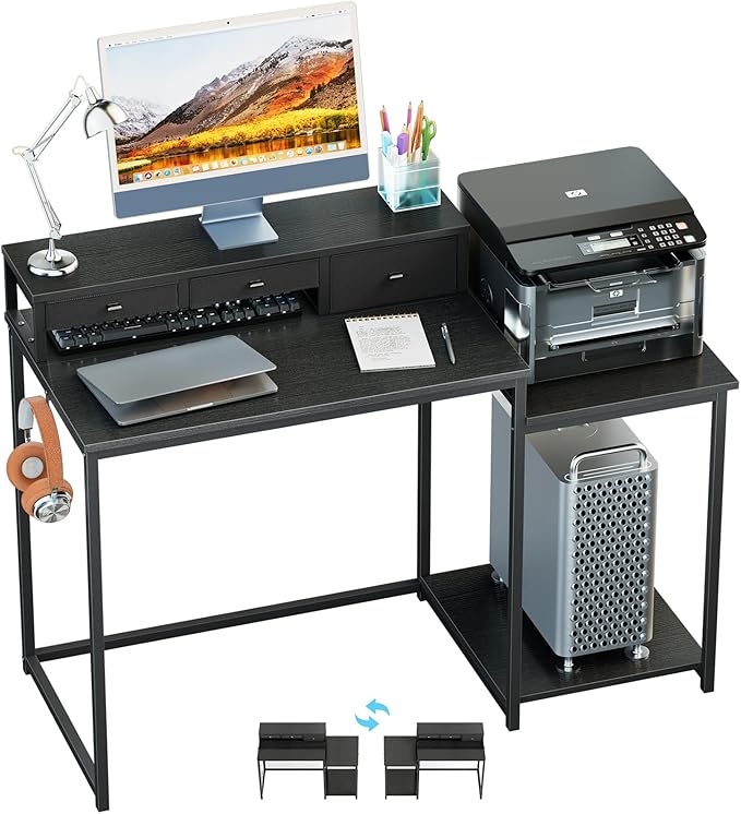 SINPAID 47 inch Computer Desk with Printer Shelf Gaming Desk with Monitor Stand and Drawers Reversible Home Office Desk with Storage Shelves and 2 Hooks Home Workstation for Study Writing Black