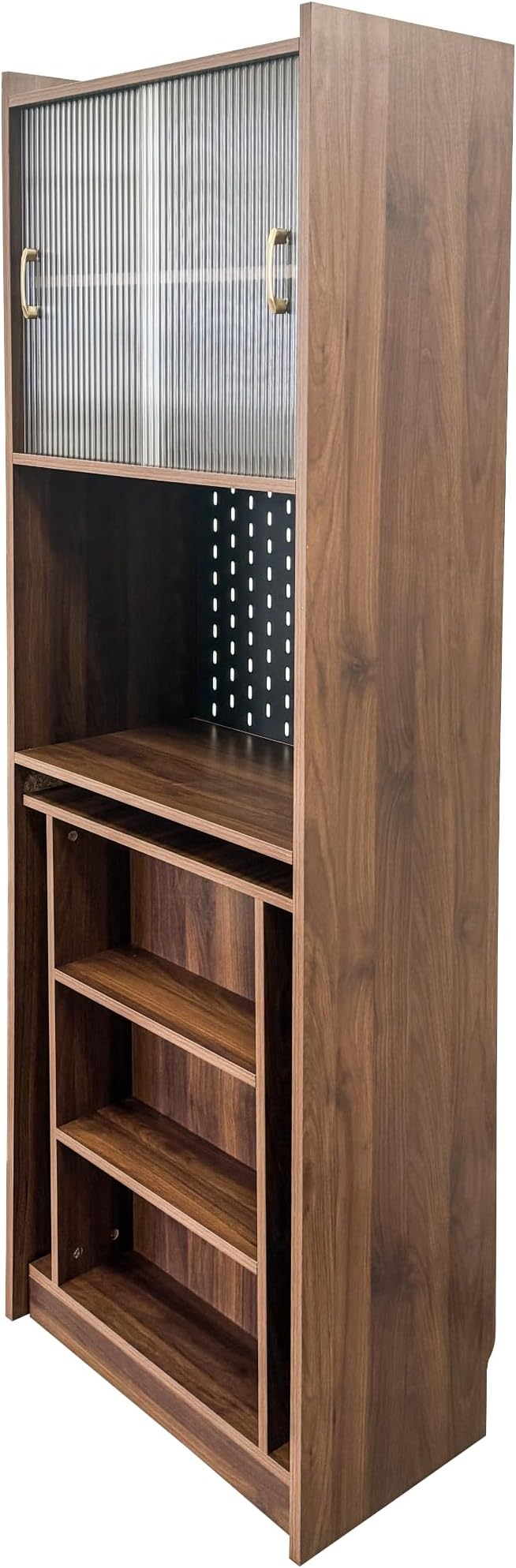 Convertible Folding Desk - Space Saving Foldable Computer Desk with Sliding Glass Doors Open Shelves &amp Pegboard Fold Out Writing Study Table for Small Spaces Home Office Walnut