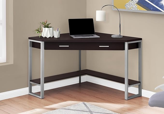 Pemberly Row Corner Computer Desk 42 L Particle Board and Metal Cappuccino and Silver Finish 1 Drawer with Shelf Traditional Style for Home Office or Apartment Workspace