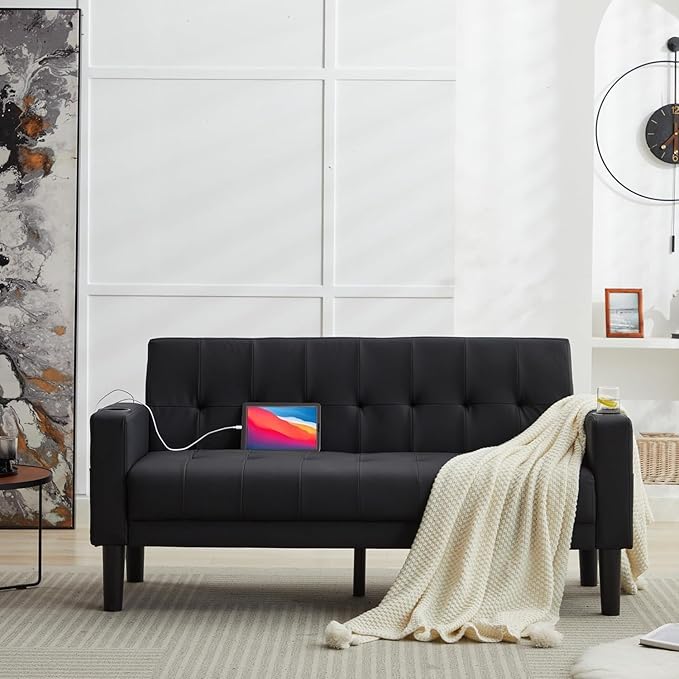 TYBOATLE Sofa Couch 62 W Loveseat w/ 2 USB Charger Ports &amp 2 Cupholders Mid-Century Modern Black Faux Leather Tufted Small Love Seat Couches for OfficeCompact Living RoomBedroomApartmentDorm