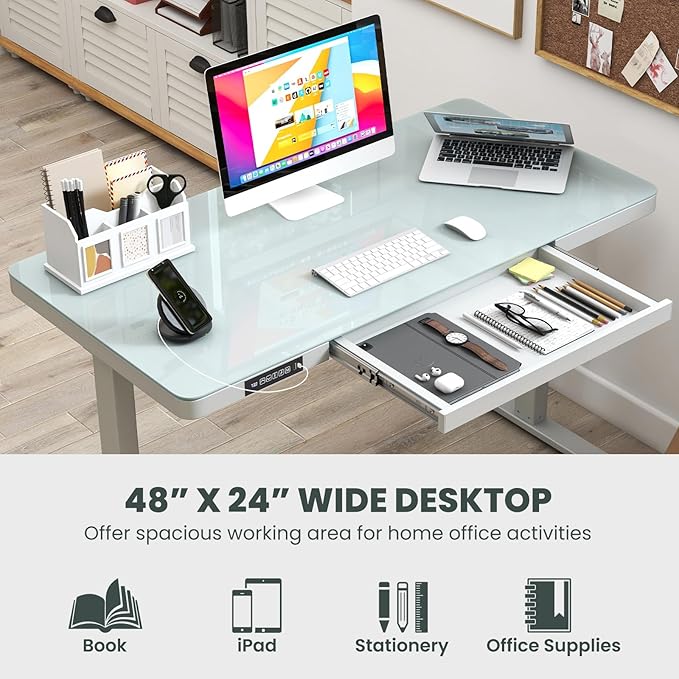 Giantex Glass Standing Desk with Drawer 48 x 24 Height Adjustable Electric Stand Up Desk with Tempered Glass Top 2 Memory Positions &amp USB Type-C Outlets Sit Stand Desk for Home Office White