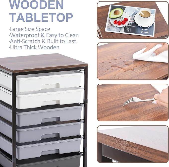 Rolling Cart with DrawersUtility Cart With 8 Drawers and Wooden Tabletop for Living RoomClassroomBedroomBathroomDormOfficeDark Grey