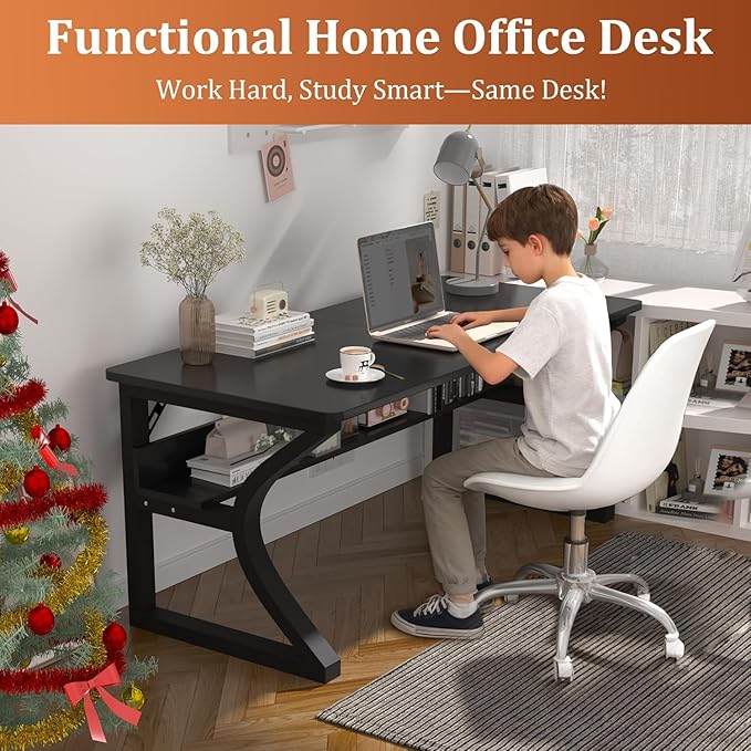 47 inch Computer Desk Home Office Desk with Storage Shelf Sturdy U-Shaped Metal Frame Study Table with Cable Management Gaming Desk for Office &amp Bedroom