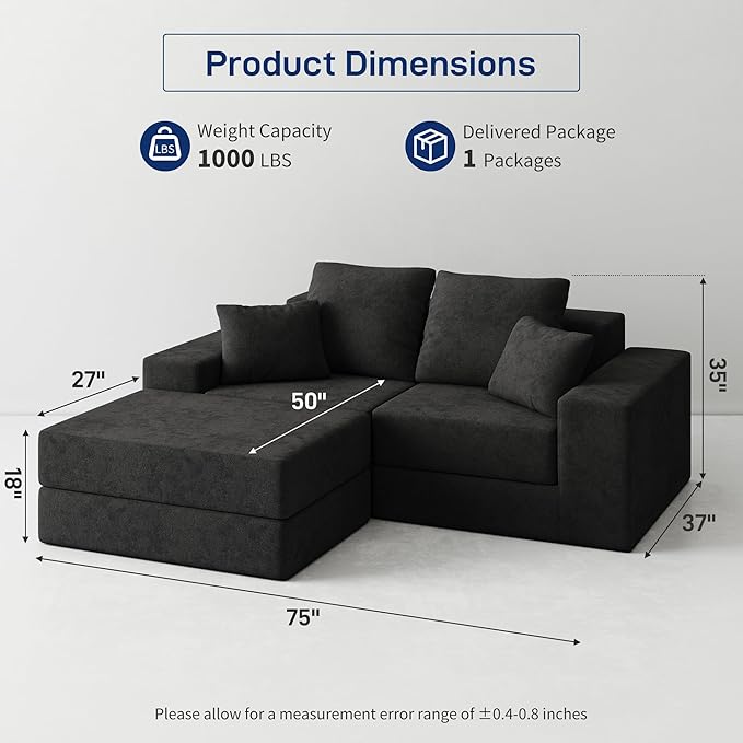 Cloud Modular Sectional Sofa Comfy Boneless Couch for Living Room Modern L-Shaped Couch with Reversible Chaise Customizable Sleeper Sofa with Non Slip No Assembly &amp Deep Seat Black