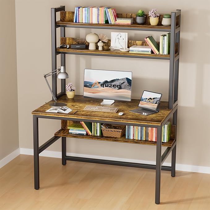 Aquzee Computer Desk with Hutch Bookshelves 55 Inch Home Office Writing Desk with Space Saving Design Gaming Table Organized Desk with Storage Shelves Bookshelf Easy Assemble Rustic Brown