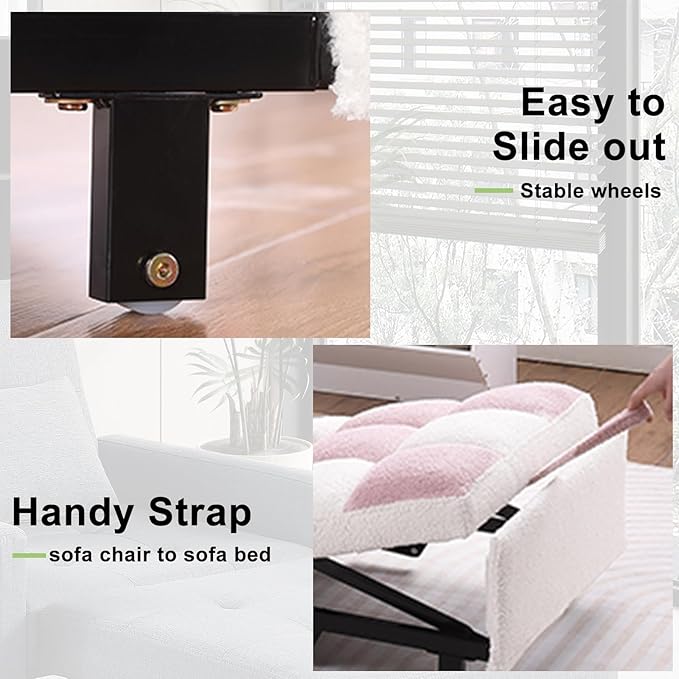 3-in-1 Sleeper Chair Bed for Living RoomConvertible Pull Out Chair Bed with Adjustable BackrestMulti-Functional Sofa Bed for Living Room (Pink)