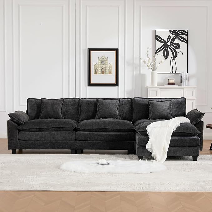 117.3 Modern Chenille Modular Cloud Sofa 3 Seater L Shaped Couch with Movable Ottoman Featuring Deep Seats and Pillows Easy Assembly Comfy Couches for Living Room Black