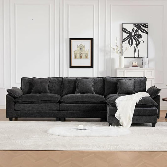 117.3 Modern Chenille Modular Cloud Sofa 3 Seater L Shaped Couch with Movable Ottoman Featuring Deep Seats and Pillows Easy Assembly Comfy Couches for Living Room Black