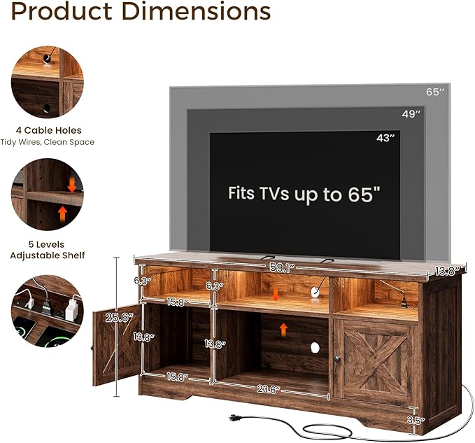 Casaottima TV Stand for 65 Inch TV Farmhouse Entertainment Center with Power Outlet &amp LED Light and Storage Cabinets Console Table and Media Furniture for Living Room Bedroom Walnut