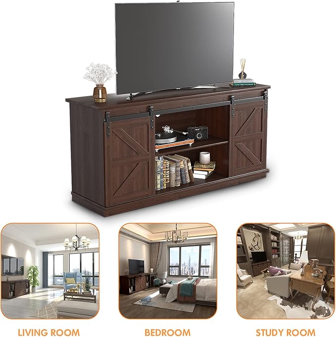 JUMMICO TV Stand for 65 Inch TV Entertainment Center with Storage Cabinets and Sliding Barn Doors Mid Century Modern Media TV Console Table for Living Room Bedroom (Brown)