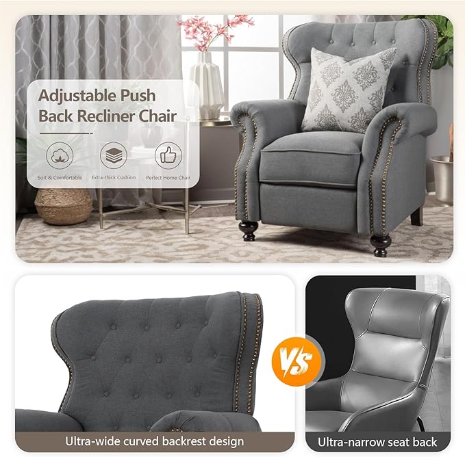 Pushback Recliner Chair Fabric Armchair Push Back Recliner with Rivet Decoration Mid Century Wingback Accent Chair for Living Room Bedroom Stable Hump Feet (Charcoal)