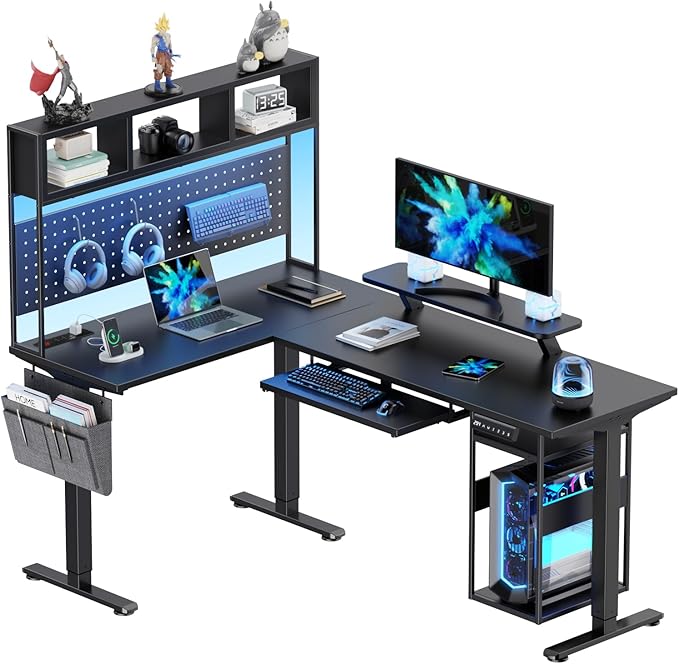 Flycity Electric L Shaped Standing Desk Adjustable Height 67 x 47 Corner Computer Desk with Host Shelf Gaming Desk with LED Lights &amp Power Outlet Dual Motor Home Office Desk with Storage Bla
