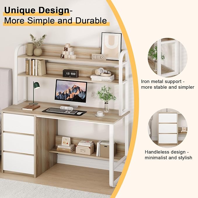 Computer Desk with 3 Drawers and Shelves 55 Inch Desk with Hutch for Small Spaces Study Writing Desk with Shelves for Bedrrom Adjustable Feet Walnut