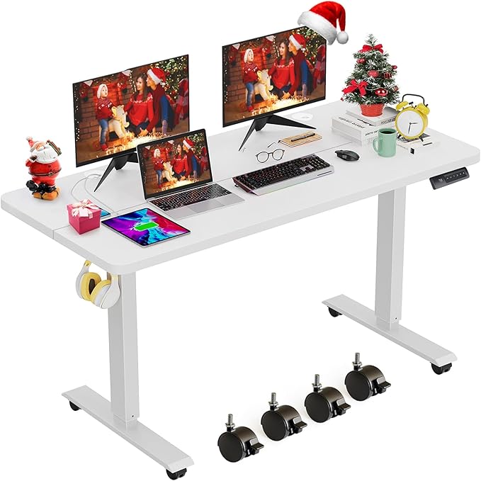 farexon Electric Standing Desk Adjustable Height 48x24 Inches Stand Up Desk with 4 Preset Heights Lockable Casters Double Hooks27''-46'' Lifting Range Home Office Computer Desk（White）