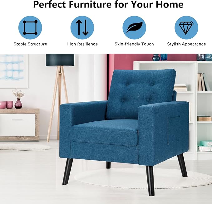 Giantex Modern Accent Chair Mid-Century Upholstered Armchair Club Chair with Rubber Wood Legs Patented Linen Fabric Single Sofa for Living Room Bedroom Office Navy
