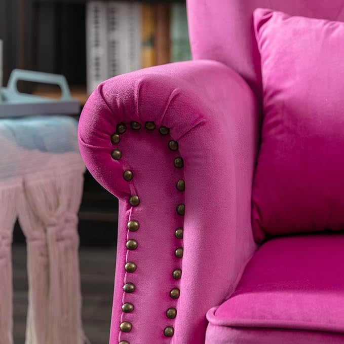 Accent Reading Arm Chairs Set of 2 for Living Room Bedroom Midcentury Modern Comfy Corner Sofa Chair Wingback Waiting Room Club Chair with Button Tufted Back &ampLumbar Pillow Velvet Rose