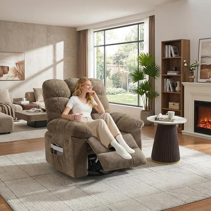 GarveeHome Rocker Recliner Chair with Vibration Massage and Heat 360° Swivel Recliner Sofa with Side Pocket Single Reclining Chair for Living Room and Bedroom Brown