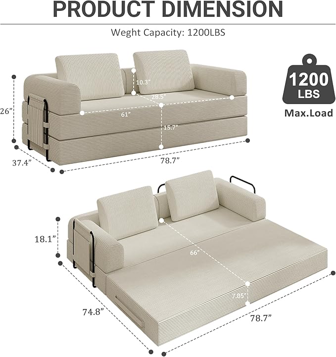Convertible Sofa Bed 5-in-1 Pull-Out Futon Boneless Couch for Living Room &amp Guest Room Corduroy Sleeper Sofa with Steel Support Brackets 78.7 3-Seater with 2 Pillows (Beige)