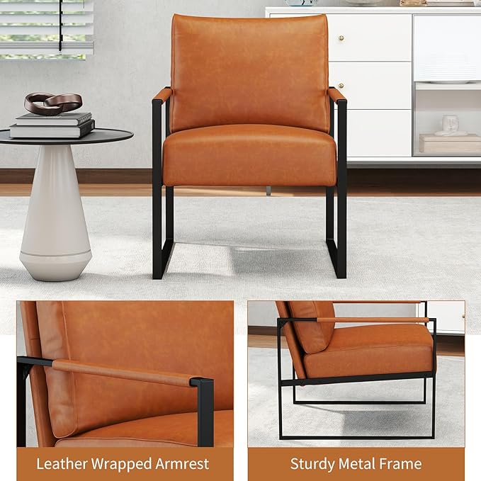 CANMOV Modern Accent Chair Set of 2 PU Leather Armchair with Metal FrameComfy Single Reading Chair with Soft Padded Backrest and Cushion for Living Room BedroomReading RoomOfficeBrown