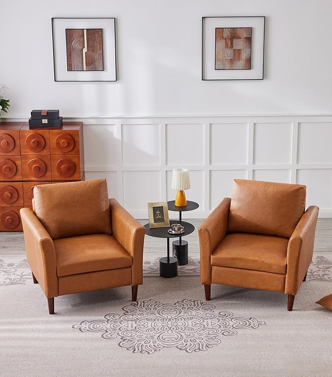 Kingfun Mid-Century Accent Chairs PU Leather Modern Upholstered Living Room Chair Cozy Armchair with Rolled Arms and Deep Seats Brown (Set of 2)