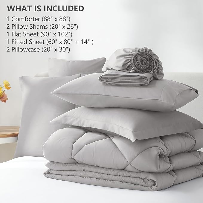 CozyLux Queen Comforter Set French Grey - Bed in a Bag Queen Size 7 Pieces Luxury Soft Bed Set for All Seasons Bedding Set with Down Alternative Comforter Sheets Pillowcases &amp Shams