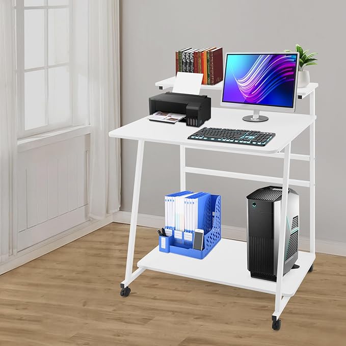 Small Office Mobile Computer Desk 3-Tier Laptop Table with Storage Shelves Tiny Computer Desk with Wheels for Home Office Bedroom Living Room Studio (White)
