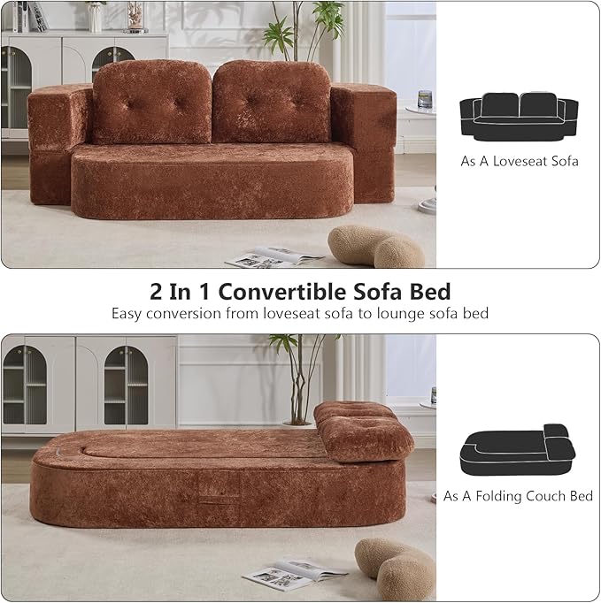 Hommoo Compression Sofa Convertible Sofa Bed Folding Sleeper Futon with Back Armrest 2 in 1 Floor Lounge Couch Chenille Fabric Foldable Mattress Couch for Living Room/Guest Room/Apartment Orange