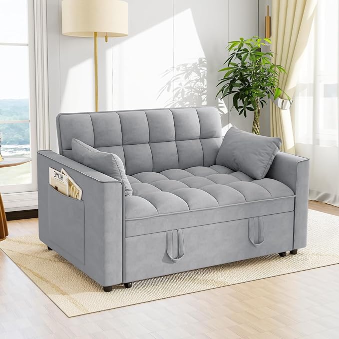 Hison Convertible Sleeper Sofa Bed 3 in 1 Pull Out Couch Bed with Adjustable Backrest Sectional Small Couches for Small Spaces Loveseat for Apartment Living Room (Gray Velvet)