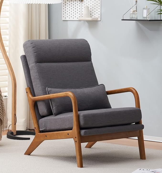 JOYBASE Lounge Accent Chair Mid Century Modern Chair High Back Chair Wood Frame Armchair Comfy Reading Chair for Living Room Office Bedroom (Dark Grey Fabric)
