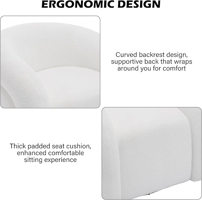 Boucle Swivel Accent Chair No Assembly Small Comfy Round Barrel Armchair for Living Room Bedroom Reading Waiting Room (White Set of 1)