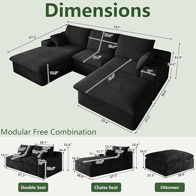 107 Cloud Couch Modular Sectional Sofa for Living Room U-Shape Boneless Couch with Deep Seat Modern Corduroy 3-Seater with Ottoman No Assembly Required (Jet BlackLeft-Facing Chaise)