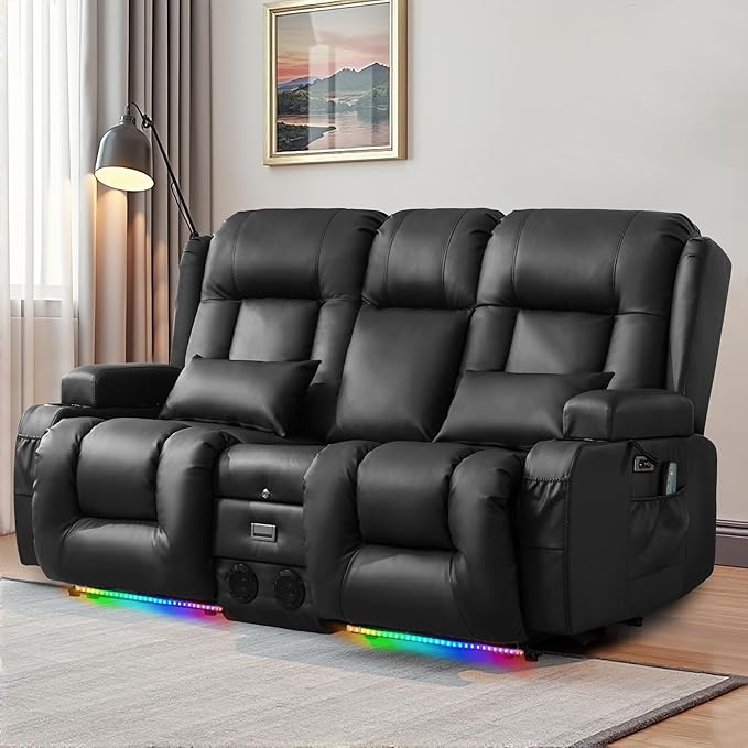 URRED Power Reclining Loveseat Sofa with Console RV Couch Loveseat Recliner Sofa with Massage &amp Heat LED Light Cupholders Bluetooth Speakers USB Charge Ports Outlets Faux Leather Black