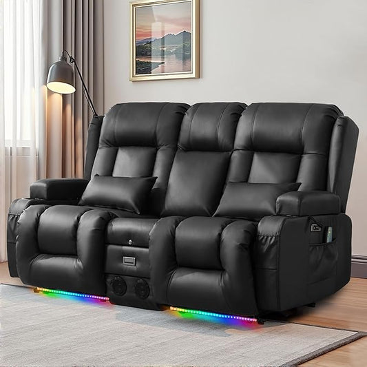 URRED Power Reclining Loveseat Sofa with Console RV Couch Loveseat Recliner Sofa with Massage &amp Heat LED Light Cupholders Bluetooth Speakers USB Charge Ports Outlets Faux Leather Black