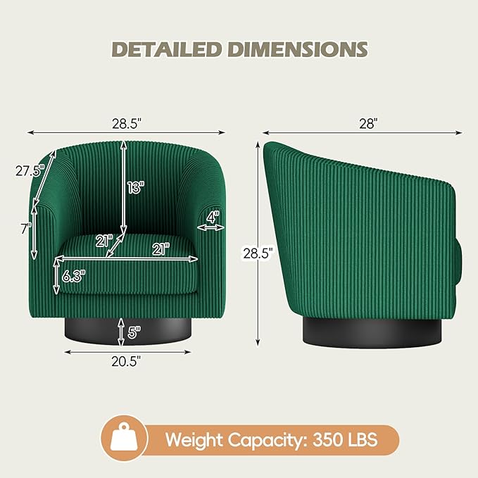 360° Swivel Accent Chairs Modern Bucket Chair Corduroy Barrel Armchair Comfy Boucle Chair Single Sofa for Living Room Bedroom. Green
