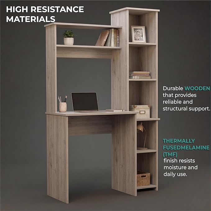 Tuhome Versalles Writing Desk with Two Superior Shelves Five Side Open Storage Compartments Space-Saving Modern Workstation Design for Studios and Offices Ideal for Organization