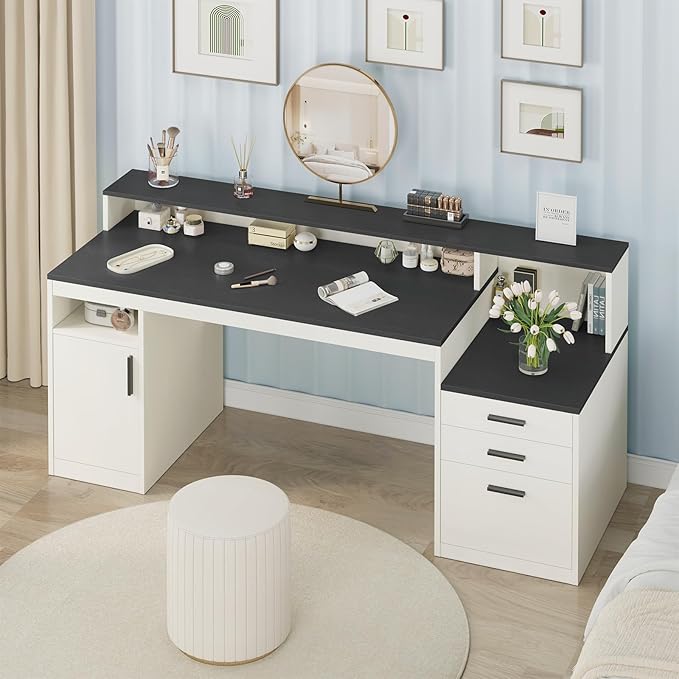 65 Inch Computer Desk with 3 Drawers &amp Storage Shelves Executive Desk with File Drawer &amp Cabinet Home Office Desk with Long Monitor Stand &amp Printer Shelf Black &amp White