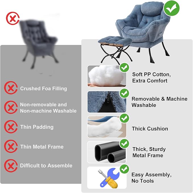 Lazy Chair with Ottoman Modern Accent Chair with Armrests and a Side Pocket Plush Light Blue Accent Chairs Reading Chairs Oversized Armchairs for Bedroom Study Living Room Courtyard