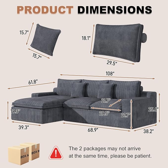 108 Cloud Modular Sectional Couch with Deep Seat L-Shape Boneless Sofa with Oversized Chaise Comfy Fluffy Couches for Living Room Convertible Layered Cushions Plush Corduroy Dark Grey