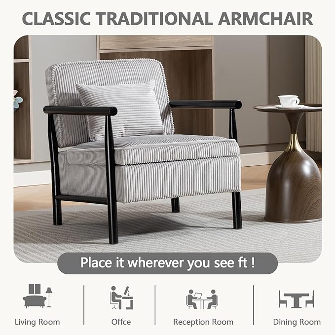Grey Accent Chair with Storage for Living Room 24 W Mid Century Modern Chair with Cushion Upholstered Corduroy Reading Chair with Wooden Legs Comfy Arm Chairs(Grey)