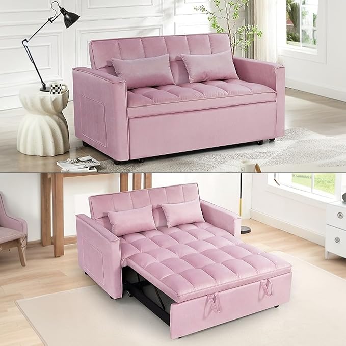 55 Convertible Full Size Sofa Bed 3 in 1 Velvet Sleeper Sofa with Pull-Out Bed Futon Couch with Adjustable Backrest and Side PocketModern Loveseat for Small SpacesLiving Room (Pink)