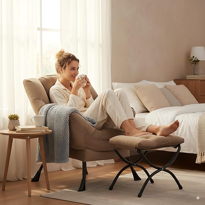 LITA Lazy Chair with Ottoman Modern Accent Leisure Upholstered Sofa Chair Contemporary Lounge Reading Chairs with Armrests and a Side Pocket for Living Room Bedroom &amp Small Space Dark Brown