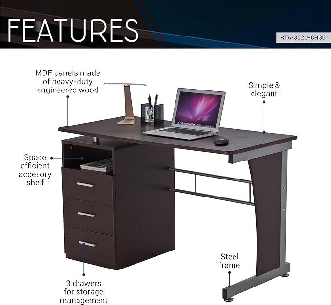 47.25 Computer Desk with Drawers Home Office Desk with Storage Heavy Duty and Water Resistant Study Table Chocolate Brown