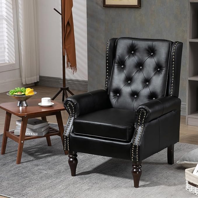 Mid-Century Wingback Chairs Set of 2Faux Leather Accent Chairs Armchair with ButtonsModern Living Room Chairs with Rivet DecorationSingle Sofa Chair for BedroomClubHome Reception (Black)