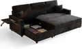 L-Shape Sleeper Sofa with Pull-Out Couch Bed Storage &amp Ports Cup Holders Side Pockets &amp Side Table for Living Room Apartment Jet Black